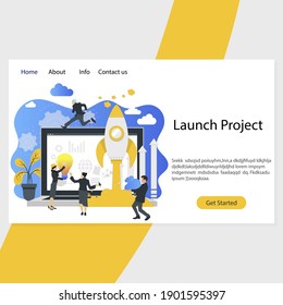 Launch project landing page, startup organization. Vector leader ceo organization startup from laptop, illustration management and marketing