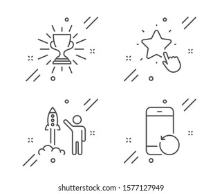 Launch project, Ranking star and Trophy line icons set. Recovery phone sign. Business innovation, Click rank, Winner cup. Backup smartphone. Education set. Line launch project outline icon. Vector