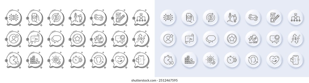 Iniciar projeto, aplicativo de segurança e ícones de linha do temporizador Cogwheel. Botões 3d de pino branco, ícones de bolhas de chat. Pacote de realidade aumentada, Inventário, Funcionário messenger icon. Vetor