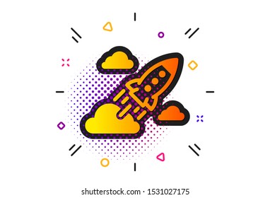 Launch Project sign. Halftone circles pattern. Startup rocket icon. Innovation symbol. Classic flat startup rocket icon. Vector