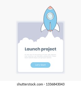 Launch Project, successful launch of startup form. Rocket Launch and UI web form banner for landing page. Flat outline modern vector on white.