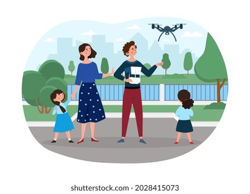 Launch of quadcopter concept. Mom, dad and daughters shoot videos using flying device. Man drives copter. Family has fun together. Cartoon flat vector illustration isolated on white background