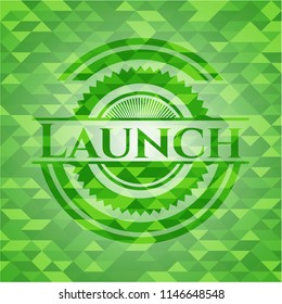 Launch realistic green emblem. Mosaic background