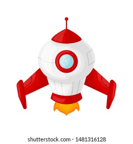 Launch of a red space rocket with a porthole. Cartoon and flat style. Vector illustration isolated on white background.