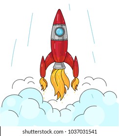 launch of Red Spaceship graphic illustration, oultined colored graphic