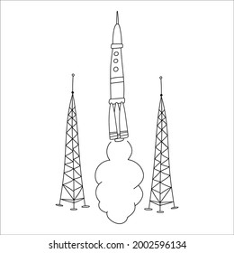 Launch of a rocket. Black and white doodle vector illustration