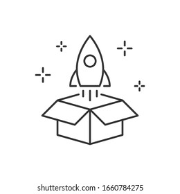 Launch rocket from box linear illustration on white background