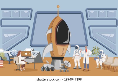 Launch rocket center with cosmonaut in space suit vector flat illustration. Engineer and scientist preparing astronaut to space flight in space ship. Space exploring mission concept.