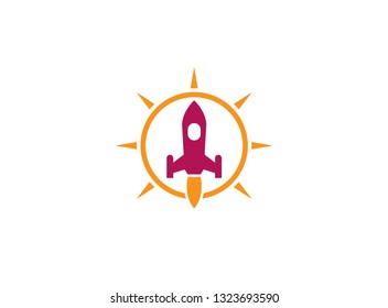 The launch of a rocket with a flame inside bright sun circle for logo design illustration