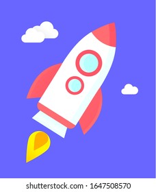 Launch of rocket into open space or orbit. Engineering tool, inventory for space travels and cosmos exploration. Technologies and innovations for galaxy mission. Vector illustration of missile in flat