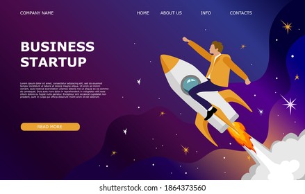 Launch a rocket into space.  Concept of business startup. Concept web page design. Flat vector illustration.