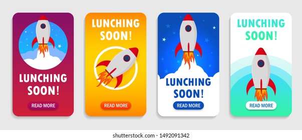 Launch rocket with launching soon interface for mobile app, smart phones. Startup rocket banner with launching soon.Shuttle in space for page of mobile app. vector illustration