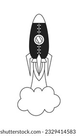 Launch rocket monochrome flat vector object. Editable black and white thin line icon on white background. Flying starship. Simple cartoon clip art spot illustration for web graphic design