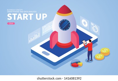 Launch, rocket launch on isometric smartphone