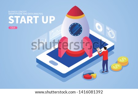 Launch, rocket launch on isometric smartphone