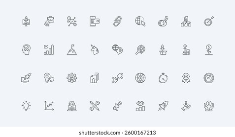 Launch rocket and search new idea, shareholders thin black outline symbols vector illustration. Business startup strategy, venture model, boost economic and capital growth line icon set