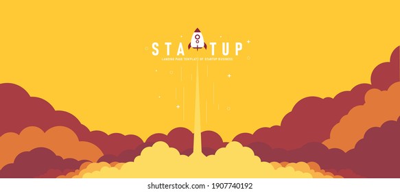 Launch of a rocket in the sky flying above the clouds a spaceship in the cloud business idea In Yellow Background Simple Design Modern Flat Style Vector Illustration	