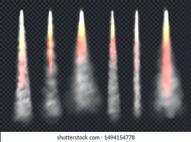 Launch rocket smoke. Aircraft flying effect fog and fire speed flowing sky steam vector realistic templates