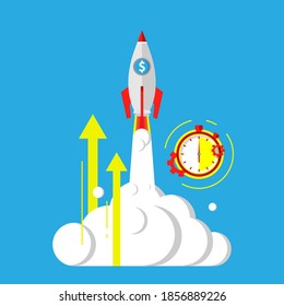launch rocket, startup, accelerated business growth concept metaphor illustration flat design vector eps10, graphic element for infographic, presentation, app or website ui, etc