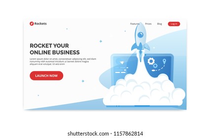Launch rocket startup online business website template. Web landing page header homepage layout site ui interface