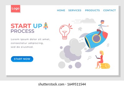 Launch of rocket that symbolize starting new project. Development and starting startup, unique business strategy. Spaceship for space explorations. Vector illustration of website in flat style