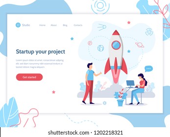 Launch of the rocket. Web banner design template. Startup concept. Teamwork and development. Flat vector illustration. 
