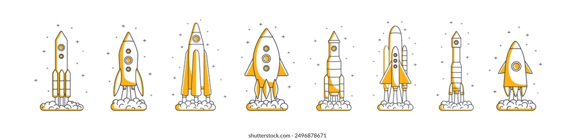 Launch of rockets set. Take off or landing of spacecraft. Start up of shuttles, spaceships in space. Concept of business startup, cosmos travels. Flat isolated outline vector illustrations on white