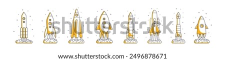 Launch of rockets set. Take off or landing of spacecraft. Start up of shuttles, spaceships in space. Concept of business startup, cosmos travels. Flat isolated outline vector illustrations on white