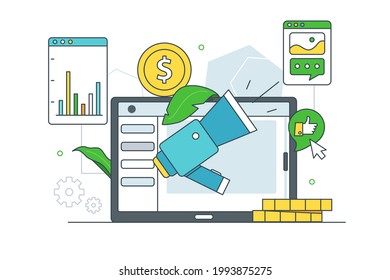 Launch and run advertising campaigns vector illustration. Strategy for business product, market reach flat style. Digital promotion concept