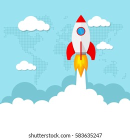 Launch space rocket, as a concept start-up business. Vector illustration. Startup of the space rocket in flat design.