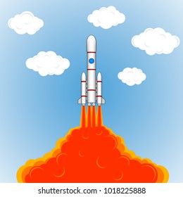 The launch of a space rocket. Drawing rockets, fire, sky and clouds. Color pattern, pattern, vector illustration