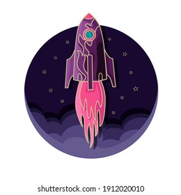 Starten einer Weltraumrakete ins All. Das Universum. Raumfahrt. Vektorgrafik.