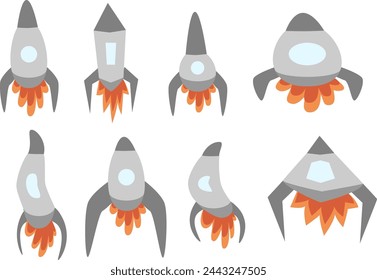 El lanzamiento de un cohete espacial y el símbolo del lanzamiento de nuevas empresas Innovative development es un conjunto de iconos de diseño plano en la estilización utilizando la transformación. Plantilla de ilustración vectorial