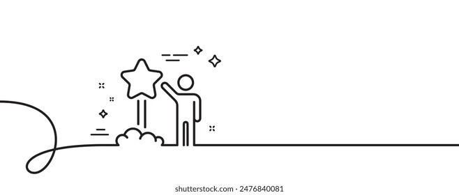 Icono de línea de estrella de lanzamiento. Una línea continua con rizo. Signo de clasificación de Comentarios. Cliente de satisfacción. Cinta de contorno único estrella. Patrón de curva de bucle. Vector