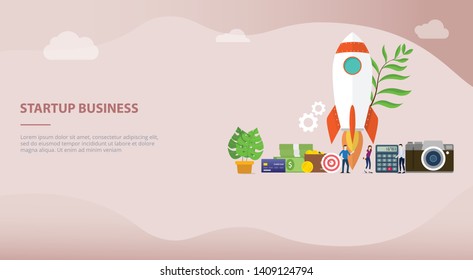 launch startup business concept with rocket and some financial business money and team people work with modern flat style - vector