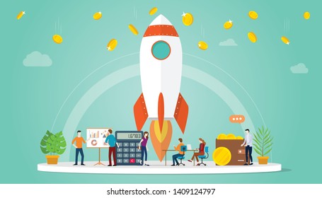 launch startup business concept with rocket and some financial business money and team people work with modern flat style - vector
