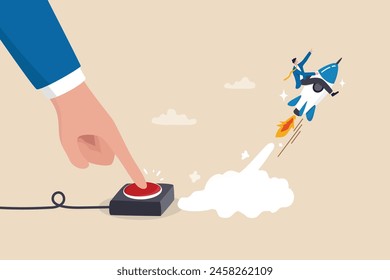 Launch startup rocket, start new business, boost rocket speed to success, begin entrepreneur company takeoff, fast growth corporate concept, businessman hand push start to launch startup rocket.