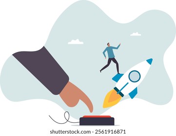 Launch startup rocket, start new business, boost rocket speed to success, begin entrepreneur company takeoff, fast growth corporate concept,business concept.flat character.