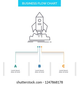 launch, startup, ship, shuttle, mission Business Flow Chart Design with 3 Steps. Line Icon For Presentation Background Template Place for text