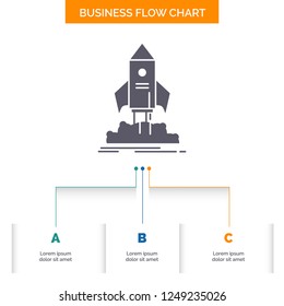 launch, startup, ship, shuttle, mission Business Flow Chart Design with 3 Steps. Glyph Icon For Presentation Background Template Place for text.