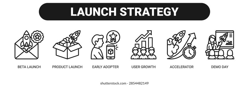 Launch Strategy web banner icon vector illustration concept with icons of beta launch, product launch, early adopter, user growth, accelerator, and demo day.