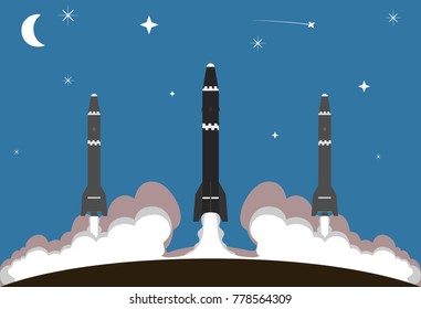Launch of Three  military missiles in the night. Stars and the moon in the sky. White smoke. Vector image.