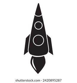 The launch vehicle icon is a black stencil icon. A toy rocket takes off, spewing smoke.