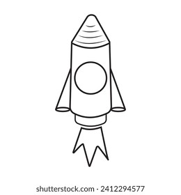 El icono del vehículo de lanzamiento tiene un contorno negro. Un cohete de juguete despega, fumando humo. en el doodle, libro de colorear