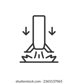 Lanzamiento de la tecnología de aterrizaje del vehículo después del despegue, icono lineal. Tecnología avanzada de cohetes. La primera etapa del vehículo de lanzamiento que vuelve al suelo. Línea con trazo editable