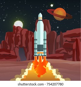 The launch vehicle takes off from a strange planet, ground and large rocks. Colonization of Mars. The conquest of the cosmos. Space travel. Vector landscape