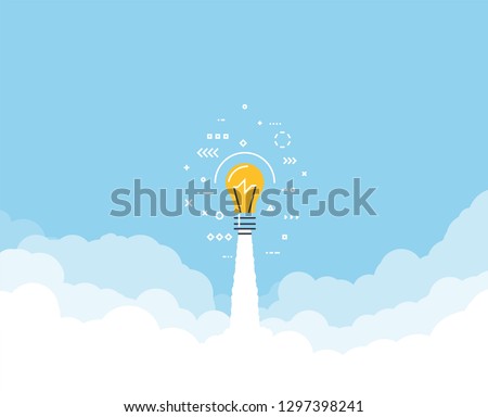 Launched lightbulb flying through cloud. Clouds and sky. White exhaust and blue sky. New project or business breakthrough. Line style vector illustration. Big idea launched.