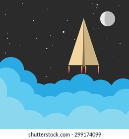 launched paper plane in open pace with stars and moon. business startup and launching vector illustration