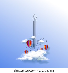 Launched rocket. Clouds and sky with colorful balloons,  Rocket flying through clouds to space. Start up business