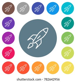 Launched rocket flat white icons on round color backgrounds. 17 background color variations are included.